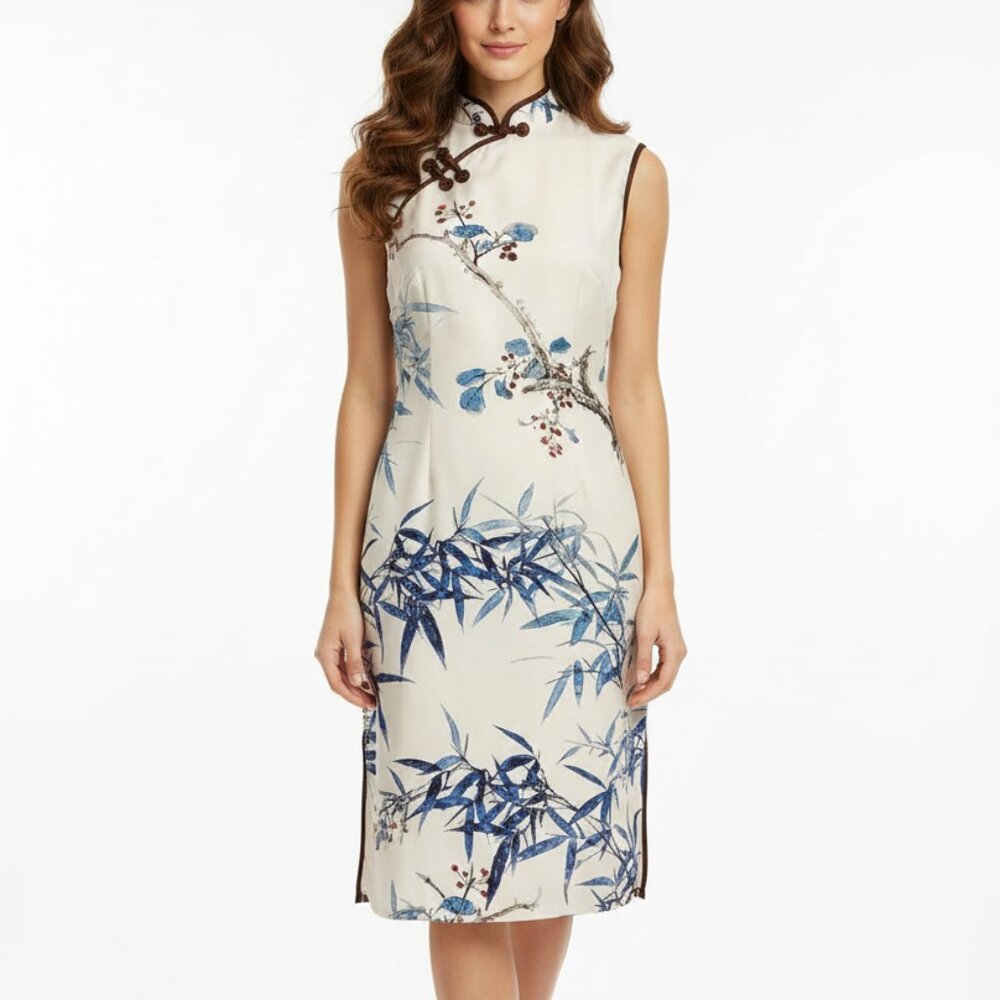JIANLIMEI CREAM BROWN FLORAL CAP SLEEVE SHEATH ASIAN DRESS